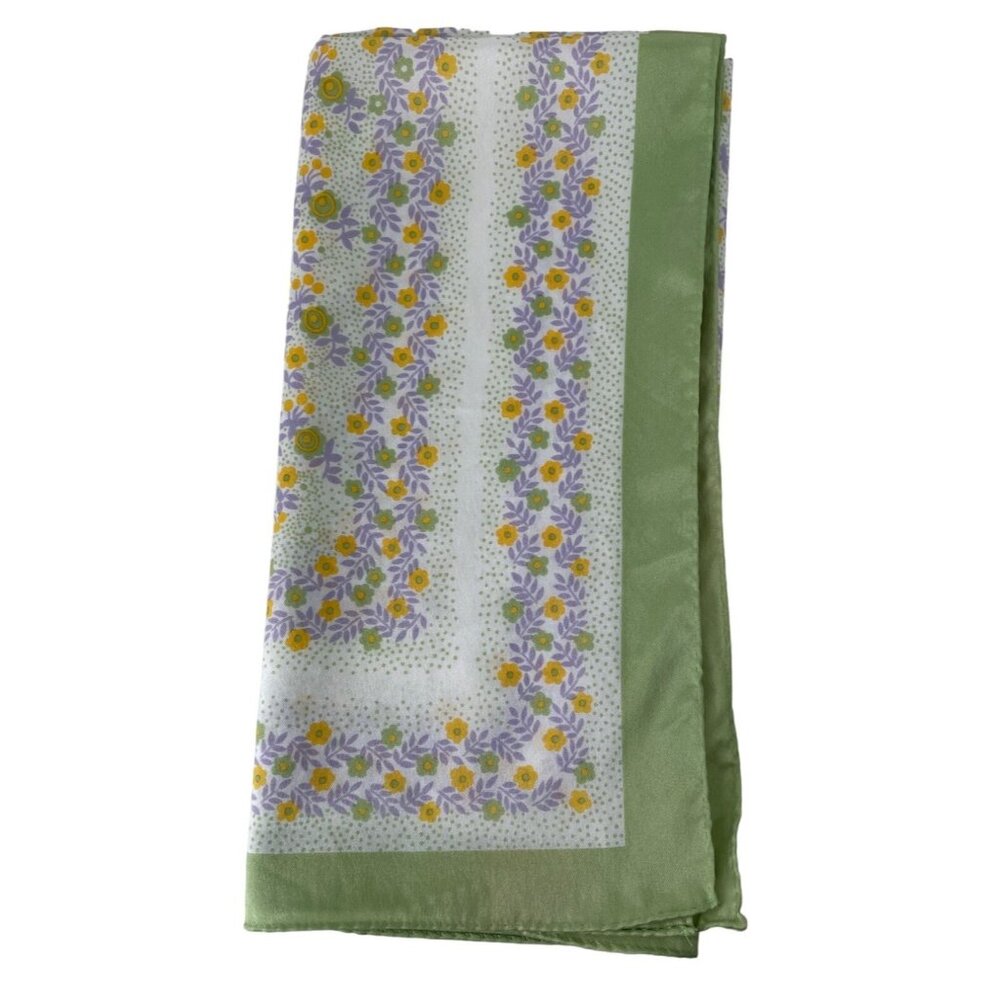Vintage Yellow Purple Green Floral Print Square Scarf 100% Polyamide Nylon